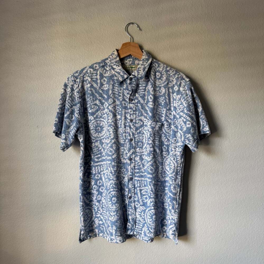 Vintage L.L.Bean Cool Weave Blue Tribal Batik AOP Short Sleeve Shirt